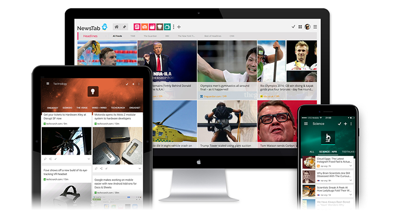 Photo of a phone, tablet and computer all opened to news feeds