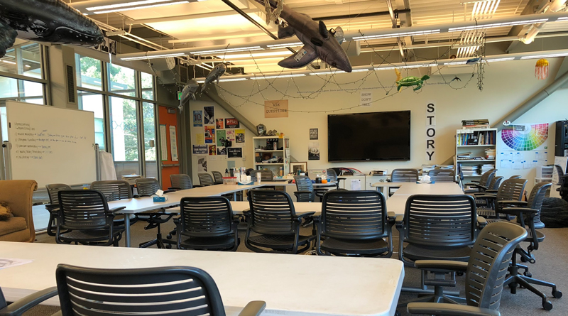 Photo of a newsroom with inflatable sharks hanging from the ceiling and a circular table and whiteboards