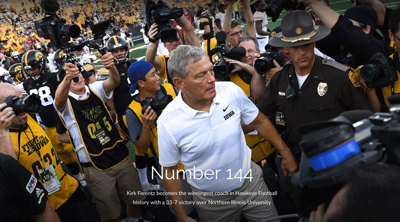 Screenshot from a Spark Post about Kirk Ferentz becoming the winningest coach in Hawkeyes football history with a 33-7 victory over Northern Illinois Univerity