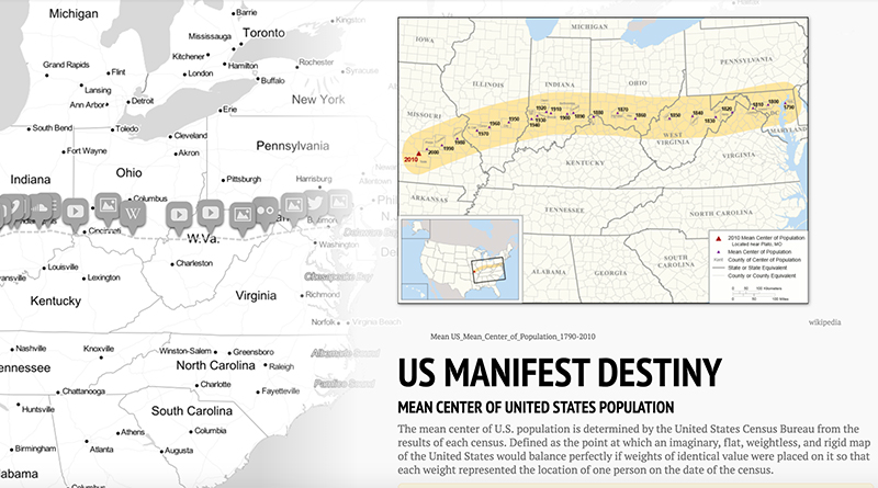 Screenshot of the StoryMapJS website that discusses the US Manifest destiny, Mean center of teh United States population