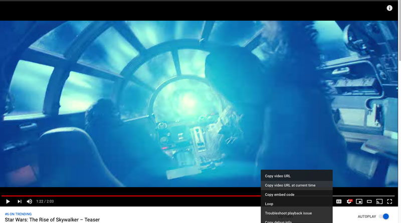 Screenshot of a YouTube video of the Star Wars: the Rise of Skywalker teaser trailer
