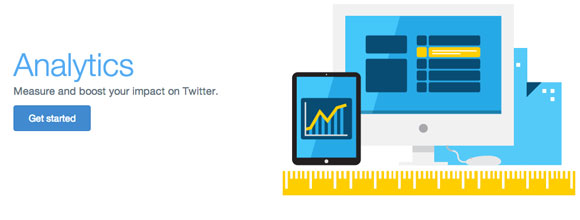 Graphic of a ruler, iPad, computer and paper that is labeled analytics, measure and boost your impact on Twitter, Get started