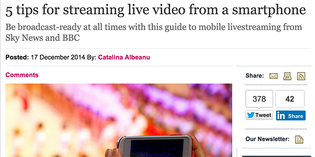 Screenshot from the Digital Media site of a post that reads 5 tips for streaming live videos from a smartphone, Be broadcast-ready at all times with this guide to mobile live streaming from Sky News and BBC