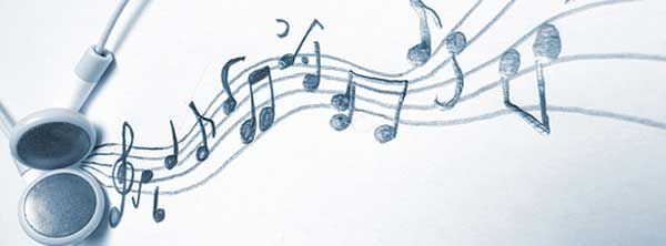 Graphic of music notes coming out of earbuds