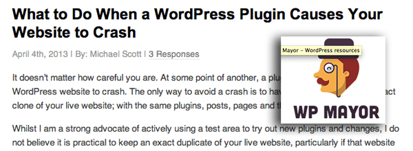 Screenshot of a blog post titled What to do when a Wordpress plugin causes your website to crash, there's a icon of a man with a monocle labeled WP Mayor