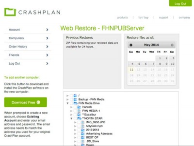 Screenshot from the CrashPlan site that is labeled Web Restore - FHNPUBserver (cool name)
