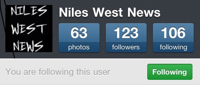 Screenshot of analytics from the Niles West News facebook account, they have 63 photos, 123 followers and are following 106