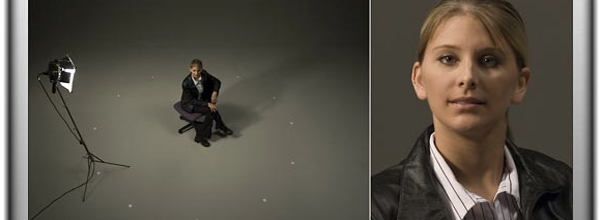 Photo of someone being lit for an interview and the end result