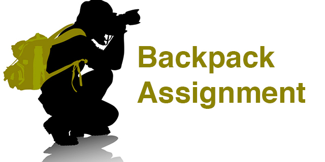 Illustration of a person taking a photo while wearing a backpack, and the graphic reads BackPack Assignment