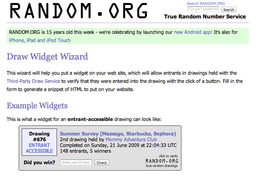 Screenshot from the Random.org website of draw Widget Wizard and example widgets