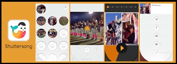 Ad of the Shuttersong app with photos of the apps features like. camera and editing