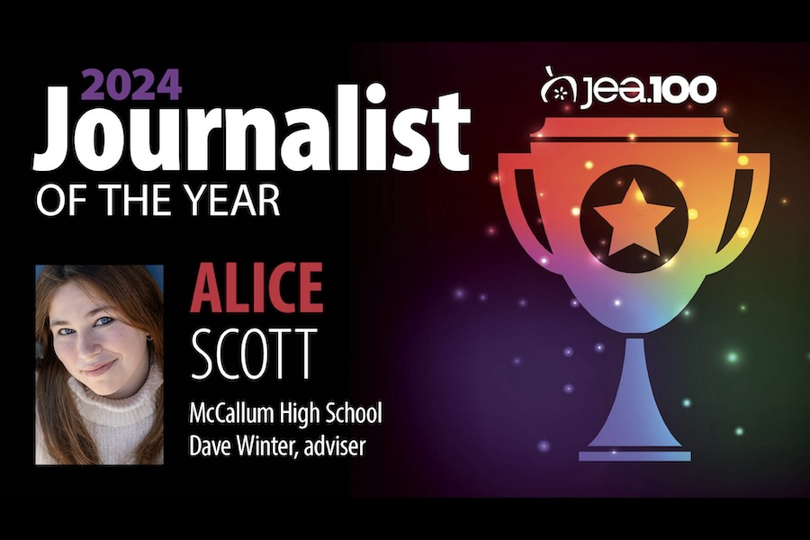 12.Scott-FB 2024 journalist of the year Alice Scott, McCallum High School, Dave Winter, adviser, photo of Alice and a rainbow trophy