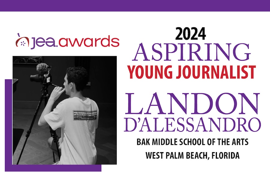 JEA awards, 2024 aspiring young journalist Landon D'Alessandro, bak Middle School of the Arts, West Palm Beach Florida, black and white photo of Landon working a camera