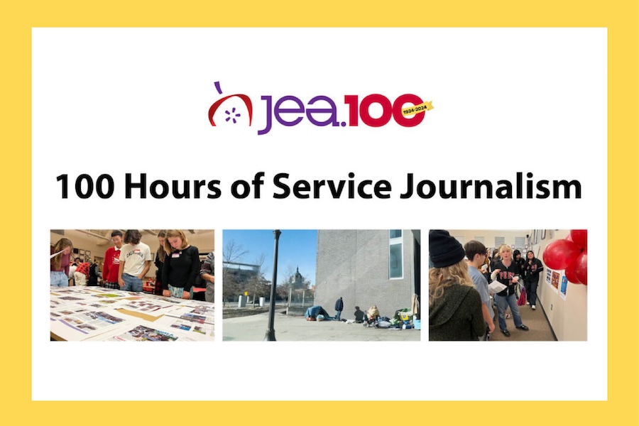 JEA100_Service Jea 100, 100 hours of service journalism, 3 images showing students looking at a table of pamphlets, a sidewalk and a student presenting to fellow students