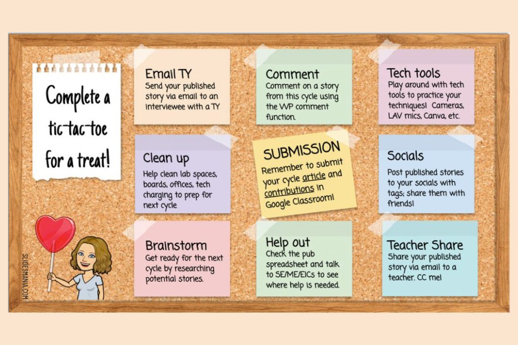 Illustration of a corkboard with post-it notes taped to the board and a bitmoji of a teacher holding a heart-shaped sucker. The notes read, Complete a tic-tac-toe for a treat!. Email TY, send your published story via email to an interviewee with a TY. Clean up, help clean up lab spaces, boards, offices, tech charging to prep for next cycle. Brainstorm, get ready for the next cycle by researching potential stories. Comment, Comment on a story from this cycle using the VVP comment function. Submission, remember to submit your cycle articles and contributions in Google Classroom. Help Out, check the pub spreadsheet and talk to SE/ME/EIC's to see where help is needed. Tech Tools, Play around with tech tools to practice your techniques, cameras, LAV mics, Canva, ETC. Socials, Post published stories to your socials with tags; share them with friends! Teacher Share, share your published story via email to a teacher. CC me!