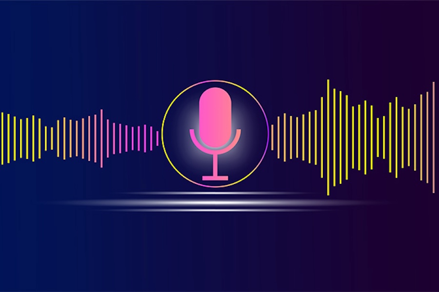 A icon on a microphone and speech waves coming off of the icon