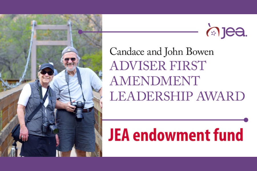 AFALAannouncement Candace and John Bowen Adviser First Amendment Leadership Award, JEA endowment Fund, photo of candace and John on a bridge with cameras