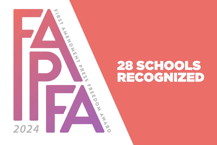 FAPFA2024 FAPFA Logo which read First Amendment Press Freedom Award 2024 and 28 schools recognized