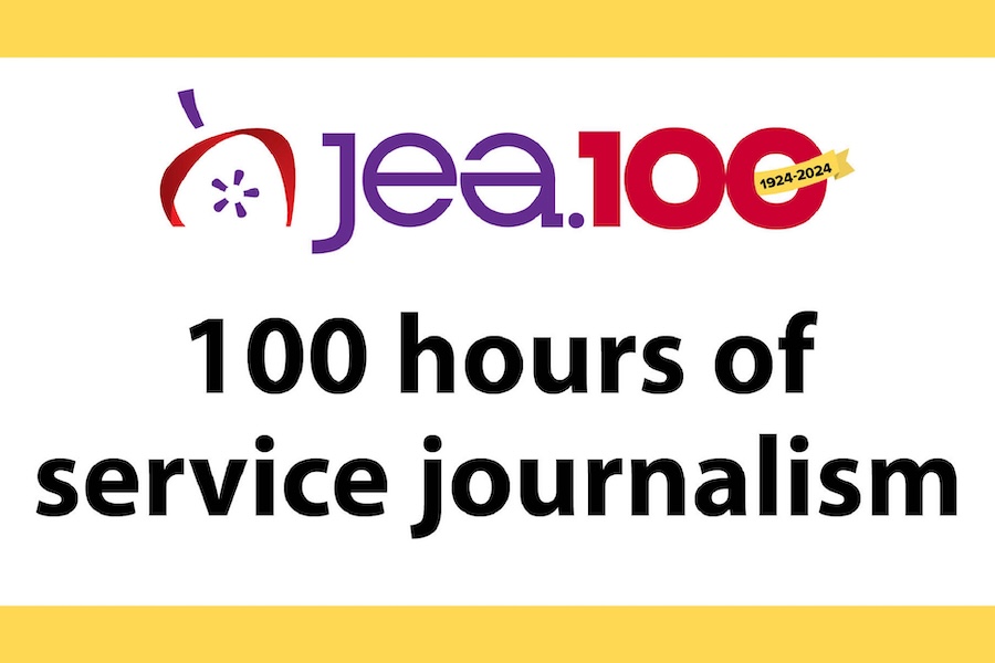 JEA 100 logo that reads "100 hours of service journalism."
