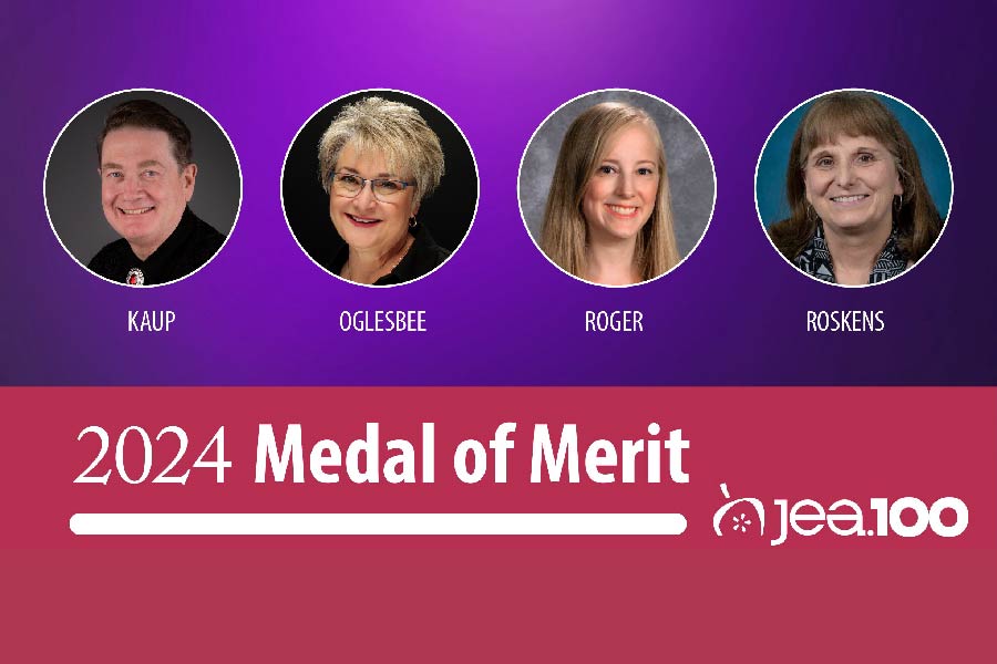 2024medalofmerit The top half of the graphic has a purple background with circular headshots of Kaup, Oglesbee, Staub Roger and Roskens respectfully. The bottom half of the graphic is maroon with the JEA logo and text that reads, "2024 Medal of Merit"