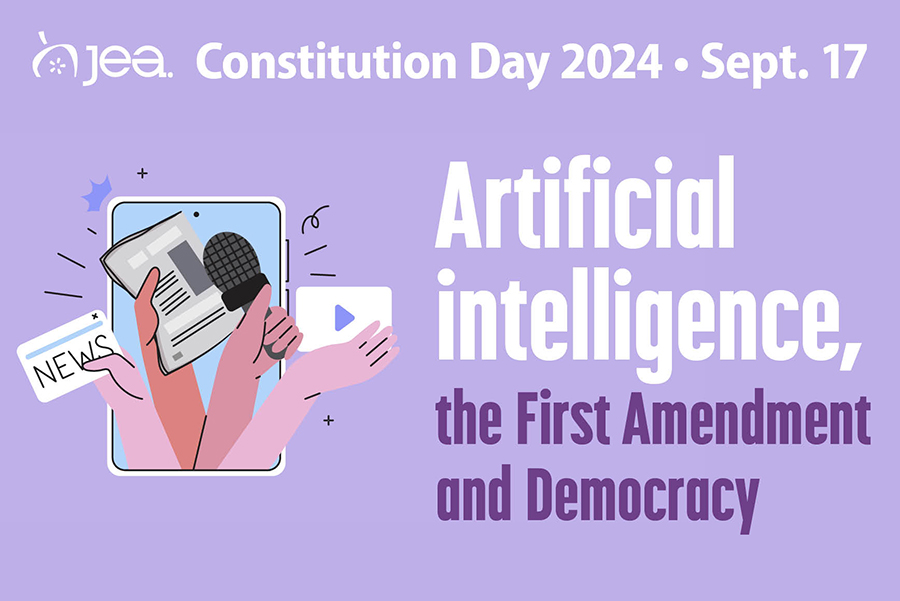 Hands holding journalism tools popping out of a phone on a purple background promoting Constitution Day 2024, Sept. 17. Text reads "Artificial intelligence, the First Amendment and democracy"
