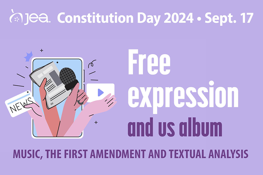 Hands holding journalism tools popping out of a phone on a purple background promoting Constitution Day 2024, Sept. 17. Text reads "Free Expression and Us Album: Music, the First Amendment and Textual Analysis"