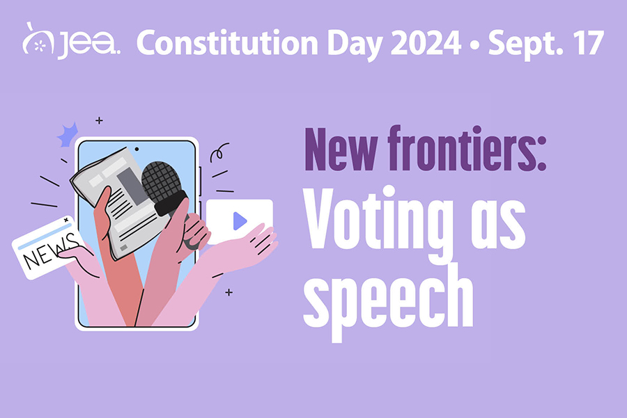 Hands holding journalism tools popping out of a phone on a purple background promoting Constitution Day 2024, Sept. 17. Text reads "New frontiers: Voting as speech"