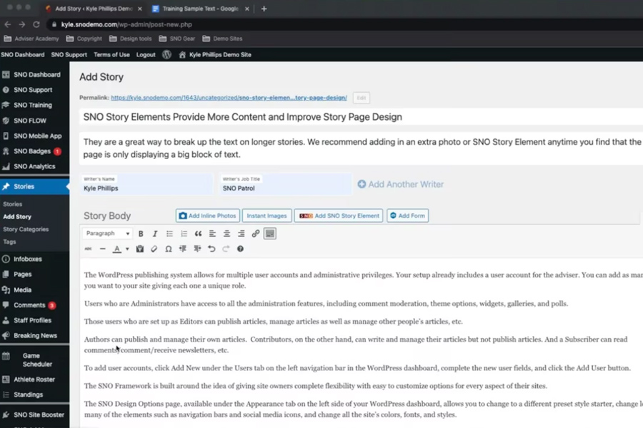 This is a screenshot of the back end of a wordpress site. It shows where a post creator would add a headline and a story to post on the front end.