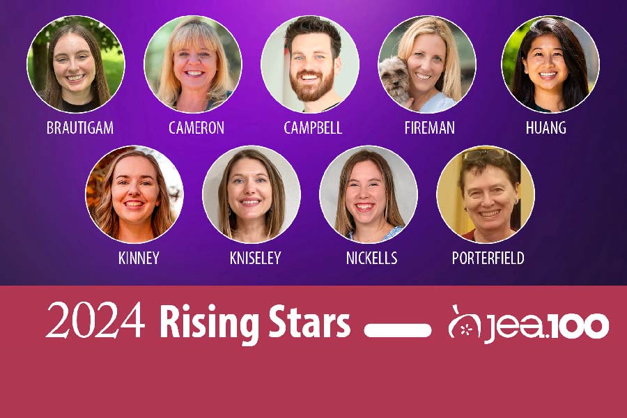 risingstars2024 The top half of the graphic has a purple background with circular headshots of Brautigam, Cameron, Campbell, Fireman, Huang, Kinney, Kniseley, Nickells and Porterfield respectfully. The bottom half of the graphic is maroon with the JEA logo and text that reads, "2024 Rising Stars"