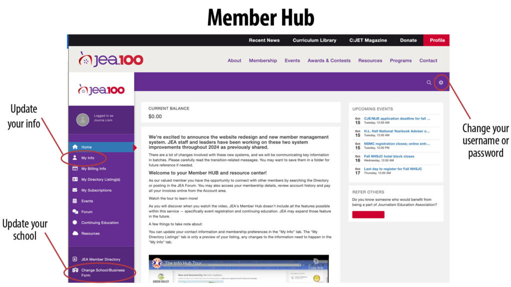 JEA Member Hub screenshot with callouts to My Info tab, New School form and Settings icon