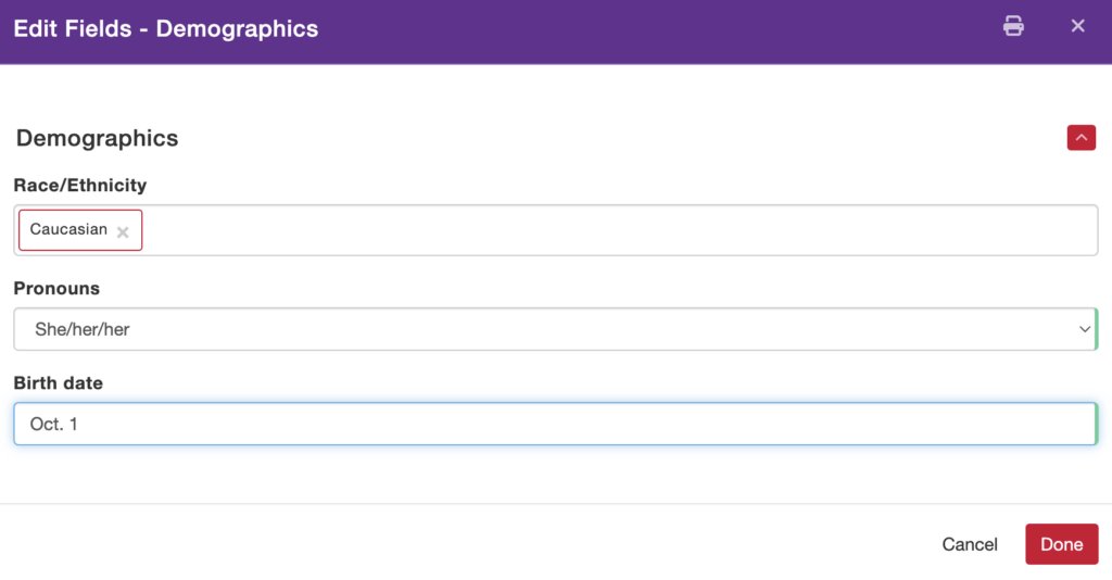 Member Hub screenshot showing the demographics section fields