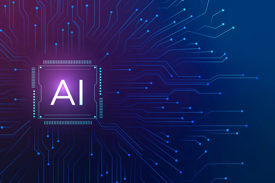 This is a computer chip looking image for the background. It's blue and purple speckled and there is a square chip icon on the left side with the letters AI in the center.