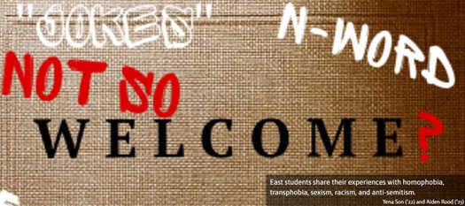 A student-created illustration that contains a series of words in various fonts on a brown burlap background. The graphic contains the words "jokes" and "n-word" in white font, "not so" in red font and "welcome" in black font. The graphic also contains a caption in the lower right corner that reads, "East students share their experiences with homophobia, transphobia, sexism, racism, and anti-semitism. Yena Son ('22) and Aiden Rood ('23)."