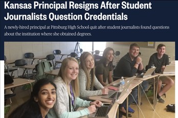 Smiling students sit at desks with laptops. The graphic has a navy blue and white background and text that reads, "Kansas Principal Resigns After Student Journalists Question Credentials" and "A newly-hired principal at Pittsburg High School quit after student journalists found questions about the institution where she obtained degrees."