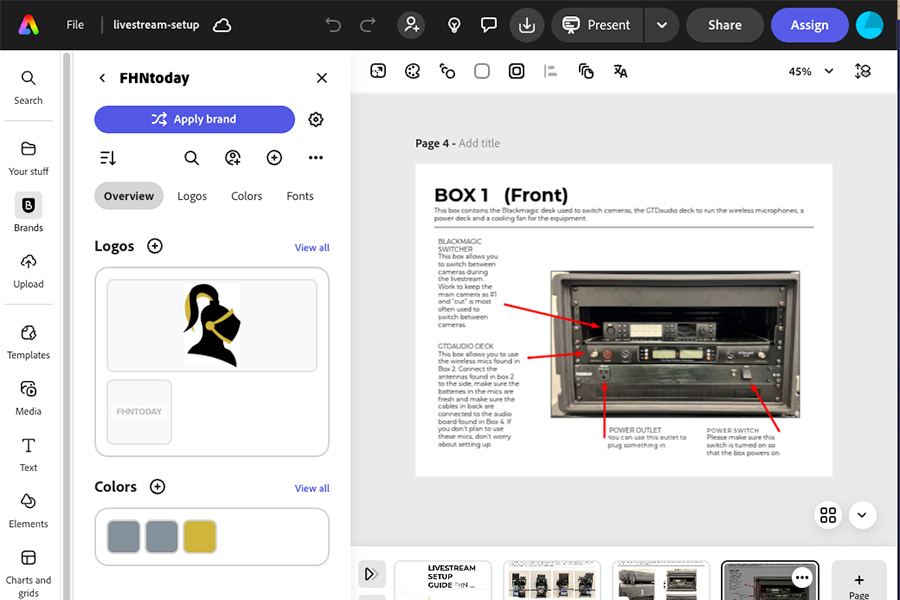This is a screenshot of an Adobe Express workspace. There is an area for logos and colors on the left and a graphic on the right of a photo with arrows pointing to different parts of the box with words describing what the arrows are pointing to.
