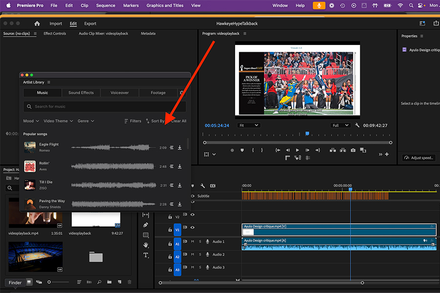 This is a screenshot of an Adobe Premiere Pro editing space with a red arrow pointing to the Artlist plugin.