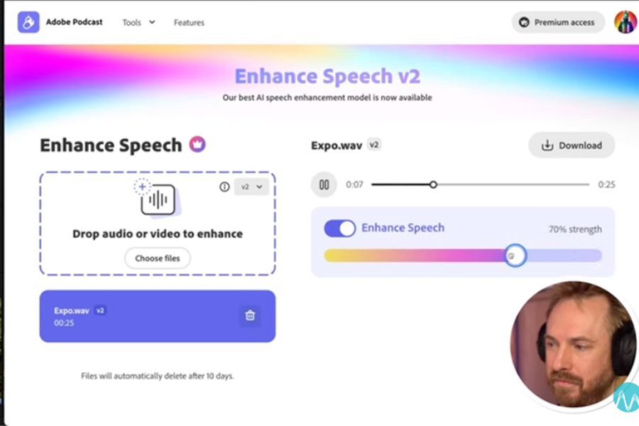 This is a screenshot of the podcast.adobe.com site. The words Enhanced Speech v2 is seen on here and the video host is seen in a circle in the bottom right corner.