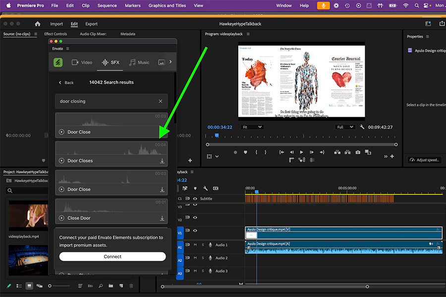 This is a screenshot of an Adobe Premiere workspace. On the right hand side there is a box from Envato elements with sounds of a door closing and there is a green arrow pointing to that box.