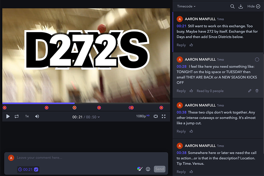 This is a screenshot of a frame.io workspace. In the upper left is the video with the numbers 272 overlayed over the word DAYS and a video. On the right side are comments left by someone and on the bottom left is space for the reviewer to leave comments in a box.