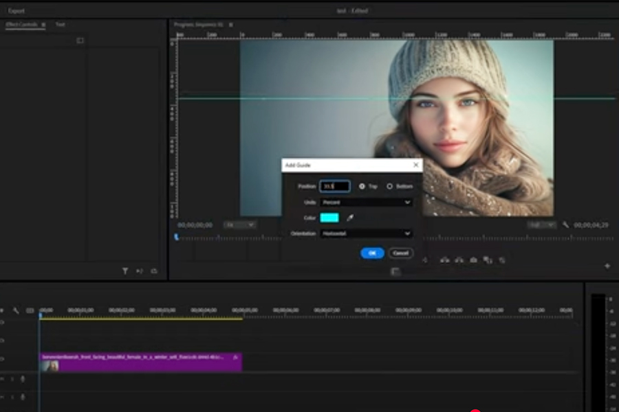 This is an image of the Adobe Premiere Pro editing space. There is a picture of a woman in a stocking cap and scarf and a dialogue box that shows grid placement.