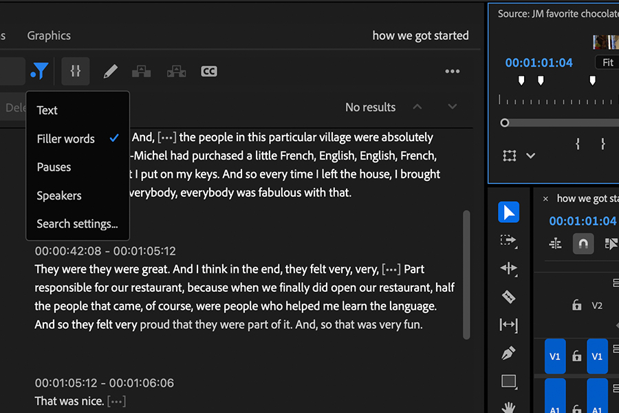 This is an image of an Adobe Premiere Pro editing workspace. The focus is on the text-based imaging box showing how one can filter out things like filler words and pauses.