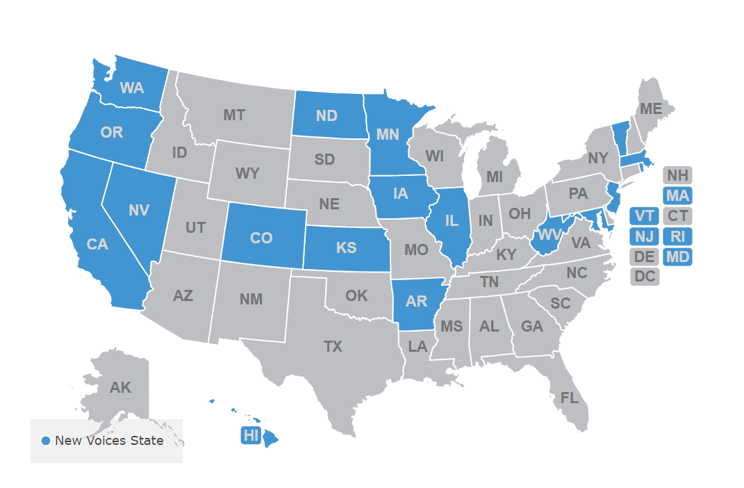 The image contains a map of the Untied States that depicts states that have (highlighted in blue) and have not (in gray) enacted New Voices legislation. Each state is labeled with its abbreviation.