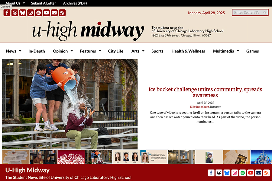 This is the home page of the u-high midway website. It's a news website with a photo of someone getting a bucket of ice water dumped on them