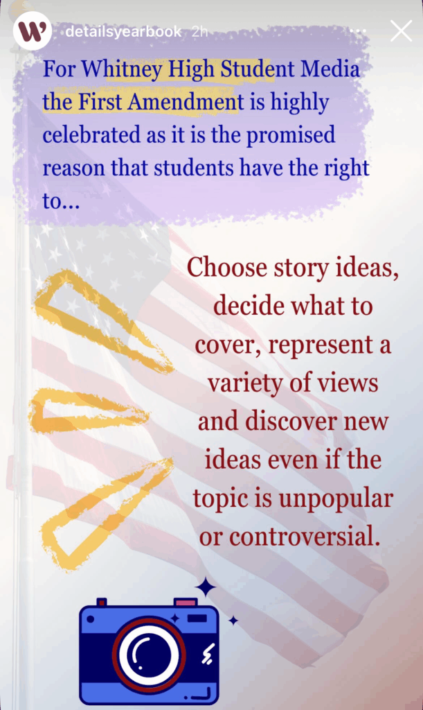 Image is an Instagram graphic with an American flag background and blue and red text in the foreground with a camera icon in the lower left corner.
