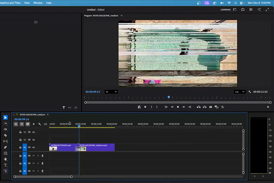 This is a screenshot of an Adobe Premiere timeline where a glitch transition is being shown as it's used between two clips.
