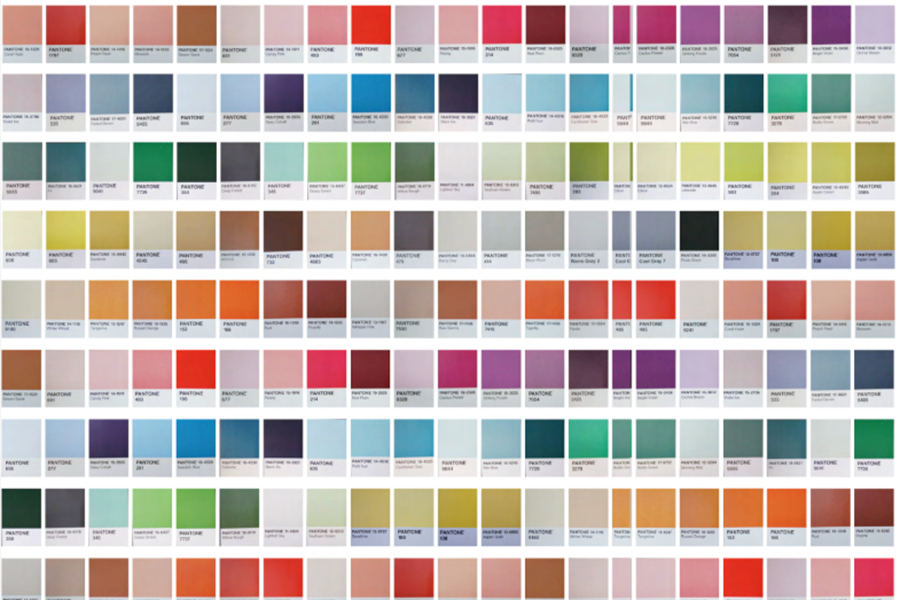 This is an image of a variety of pantone swatches. There are more than 100 small squares of all different colors with their color name listed below each.
