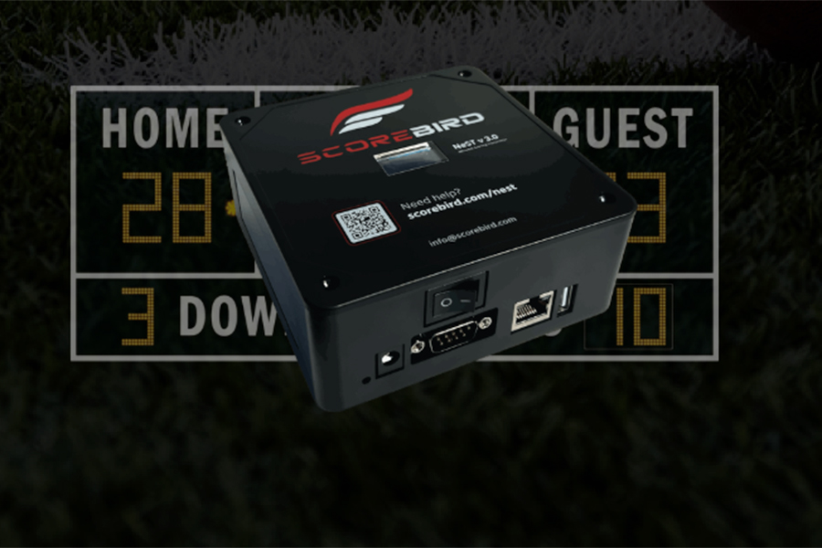 This is a picture of a black box from scorebird overlayed on a football scoreboard. Behind all of that is a dark grass background.