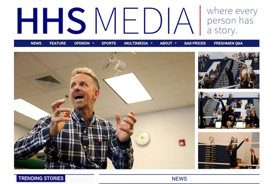 This is a screenshot of the HHS Media Homepage. There is a person talking expressively with their hands as a dominant photo and the words HHS Media at the top of the image.