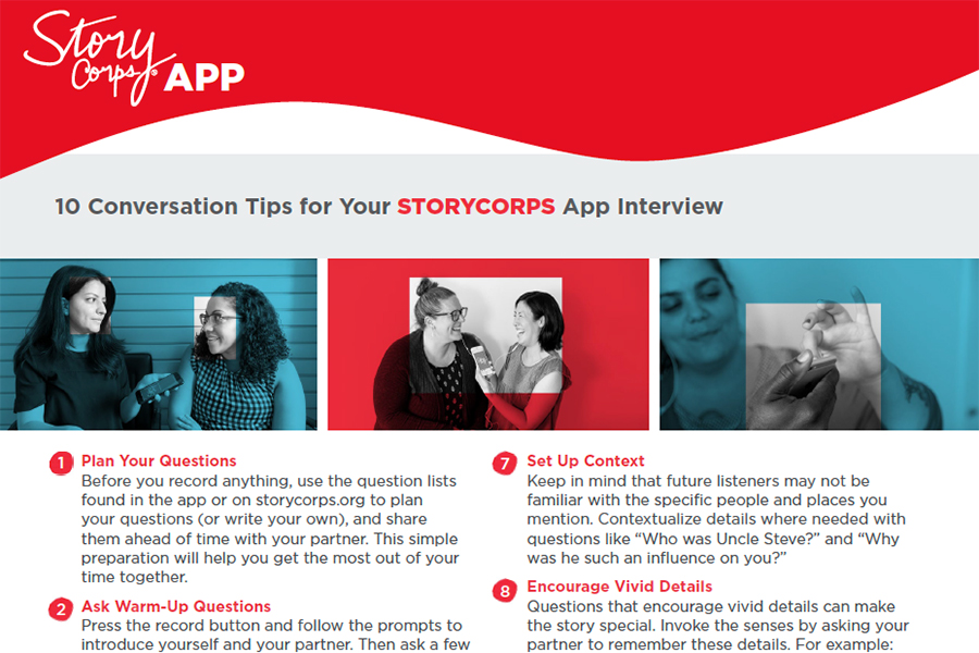 This it the top of a handout. There is red at the top and it says Story Corps APP a the top. There are three photos of people in interview situations and some text from a handout that gives tips for interviewing others.