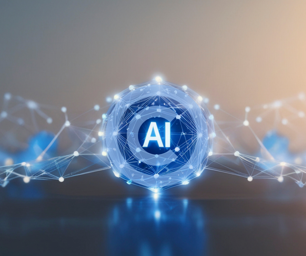 Illustration depicts a web of digital lines with the letters AI in the center with the copyright symbol transposed overtop.